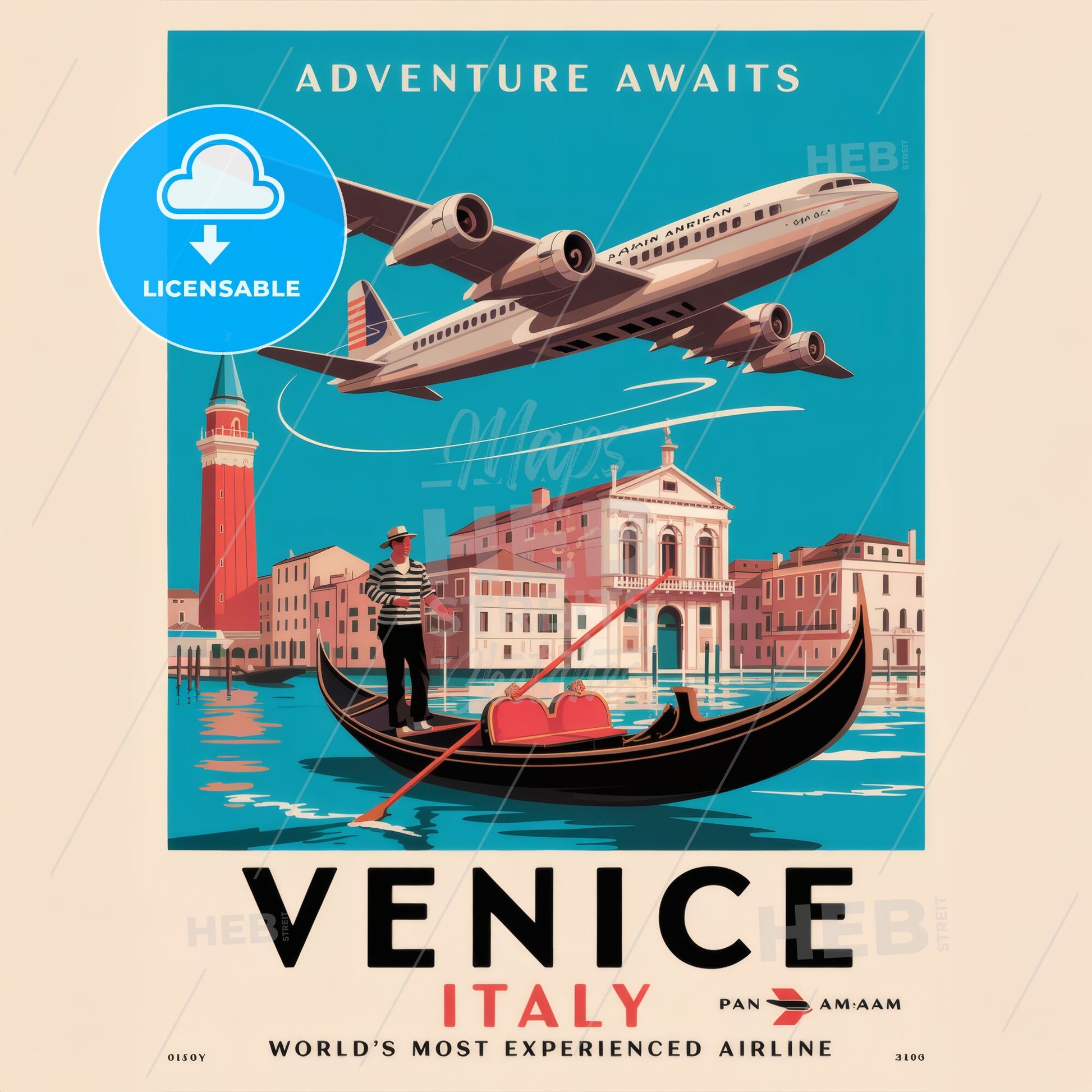 Retro Venice Adventure: Art Deco Travel Poster with Gondola & Pan Am Charm