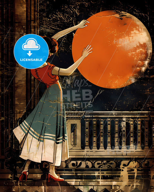 Serbian folklore dance art painting, retro woman in dress and skirt, large orange ball, vintage yugoslavia poster, focus on art