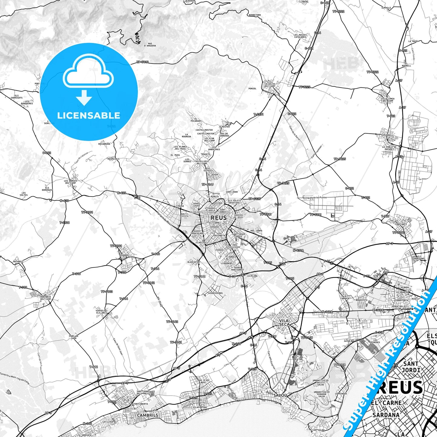 Reus, Spain light map with streetnames, citynames and districts