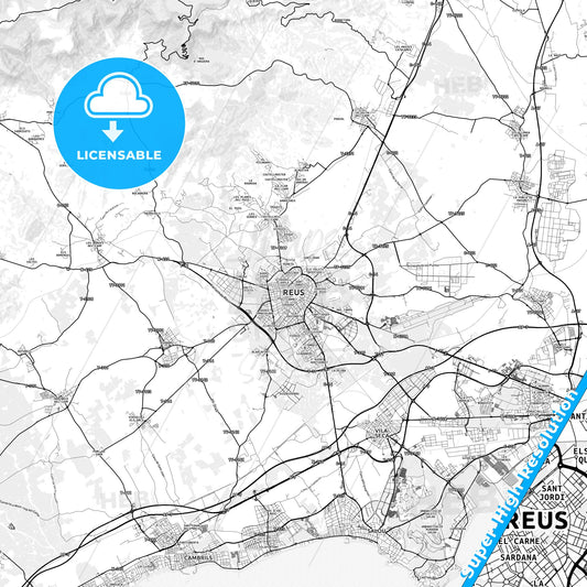 Reus, Spain light map with streetnames, citynames and districts