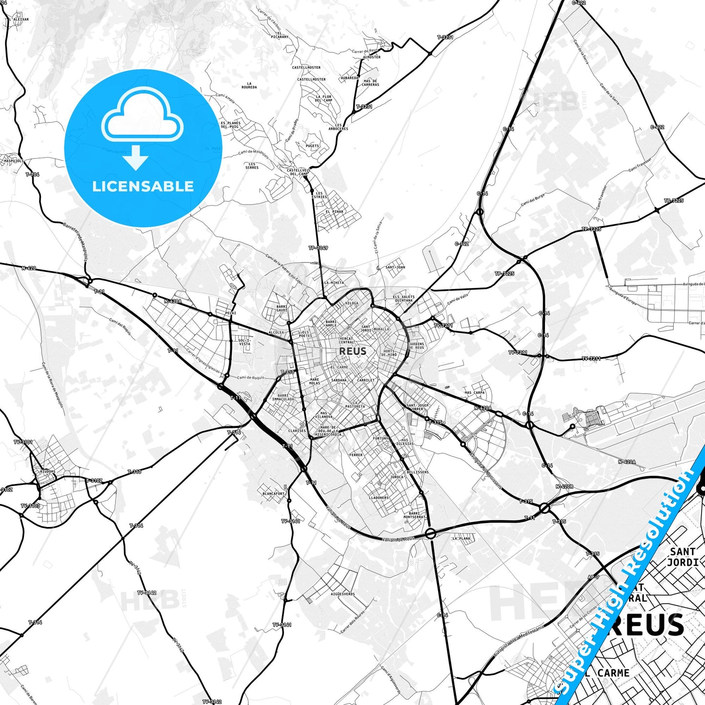 Reus, Spain Light Map with Street Names, City Names, and Districts