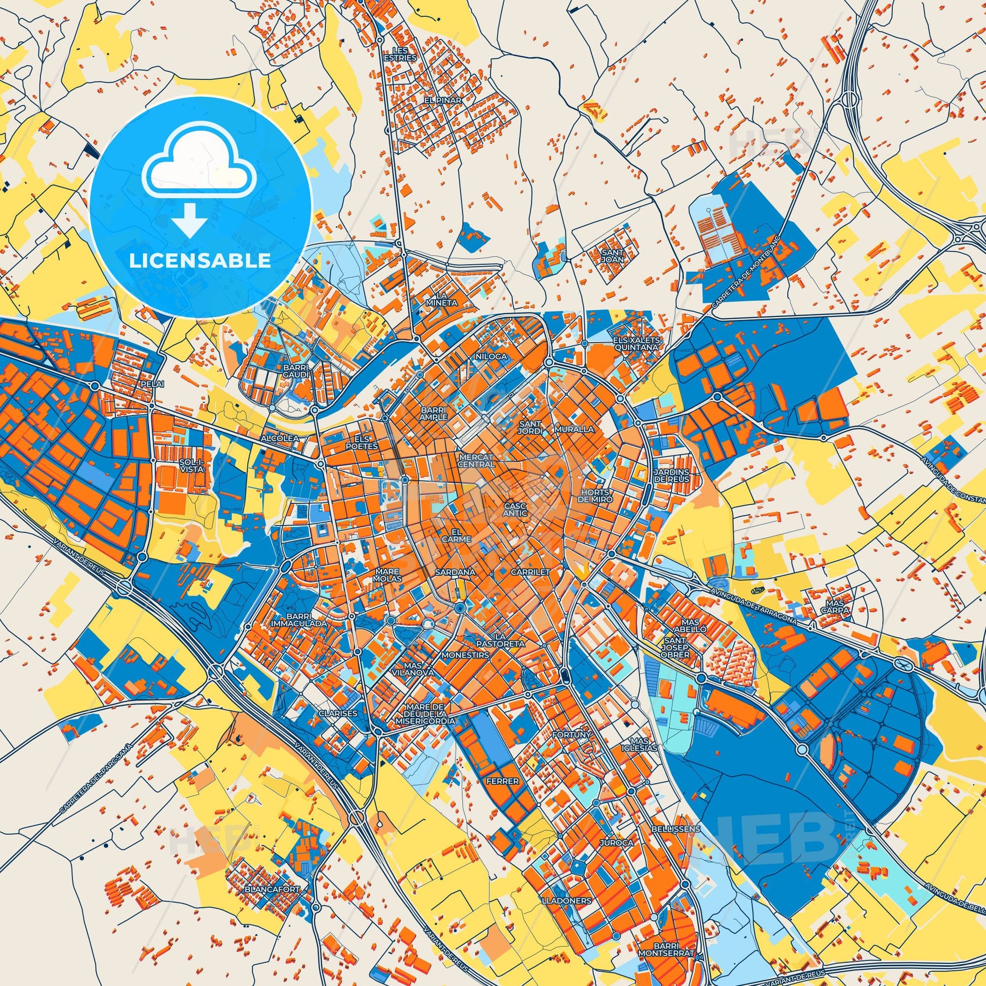 Colorful Reus Street Map with Labels and Buildings