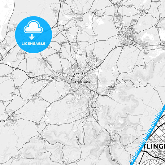 Reutlingen, Germany light map with streetnames, citynames and districts