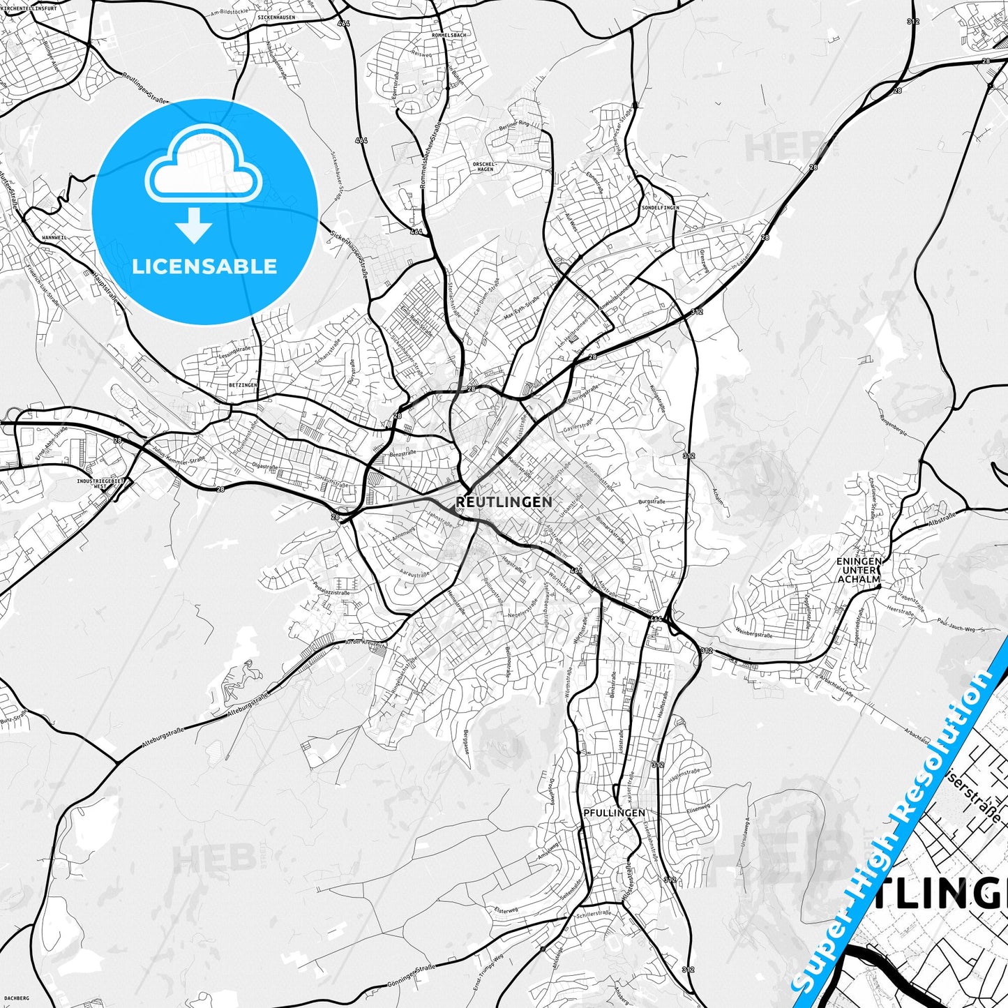 Reutlingen, Germany Light Map with Street Names, City Names, and Districts