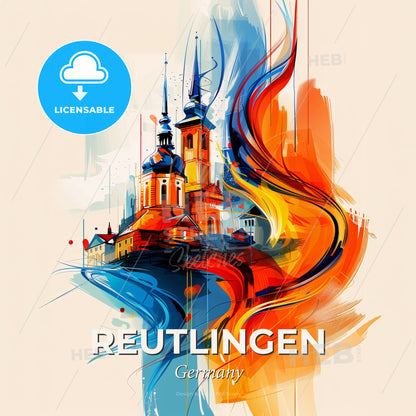 Vibrant Reutlingen, Germany - A Painting Of A Building With A Flame - Square format print template