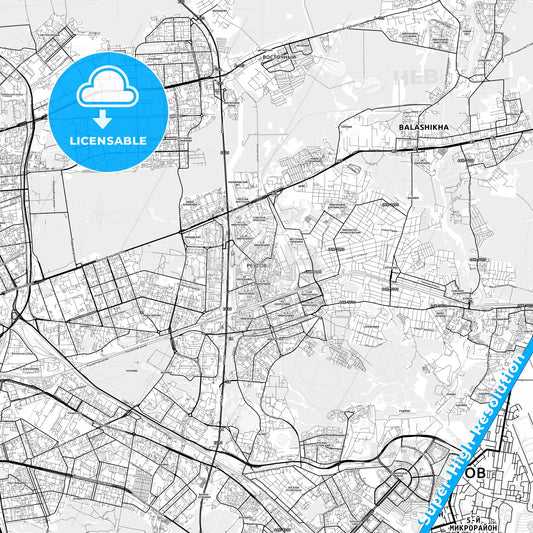 Reutov, Russia light map with streetnames, citynames and districts