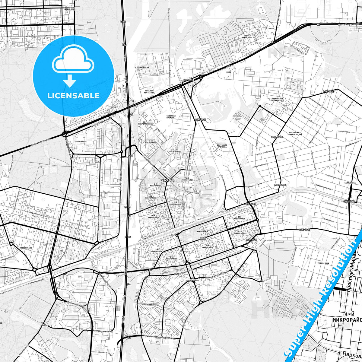 Reutov, Russia Light Map with Street Names, City Names, and Districts