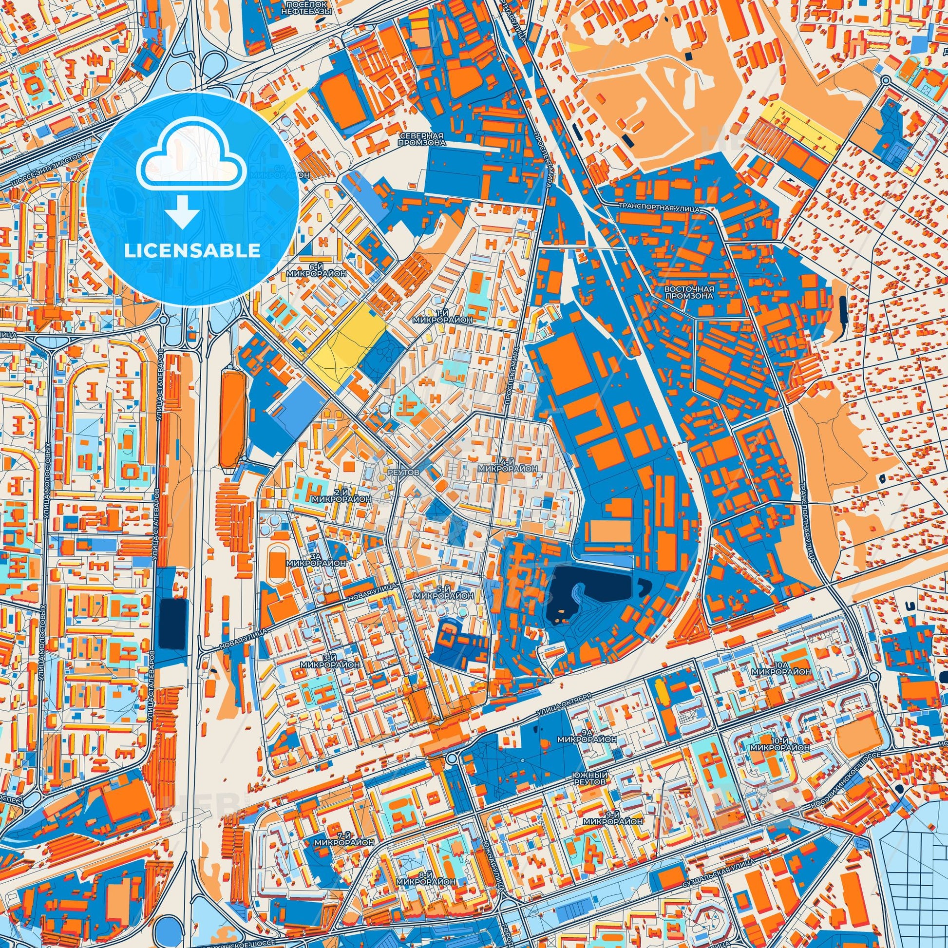 Colorful Reutov Street Map with Labels and Buildings