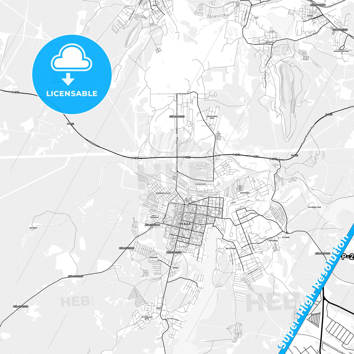 Revda, Russia light map with streetnames, citynames and districts