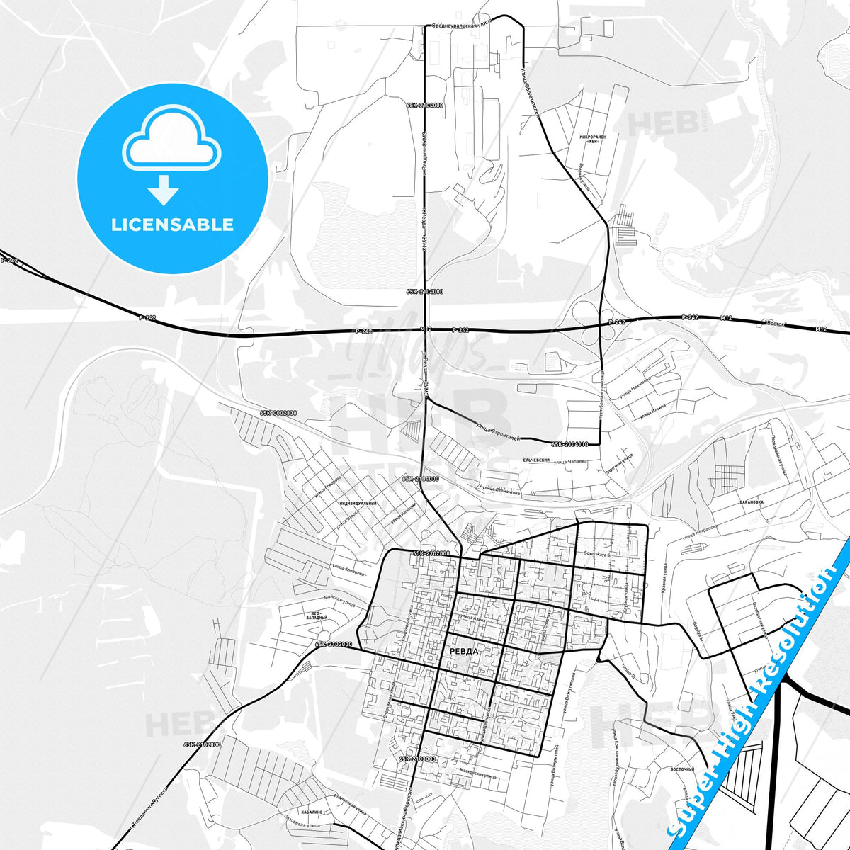 Revda, Russia Light Map with Street Names, City Names, and Districts