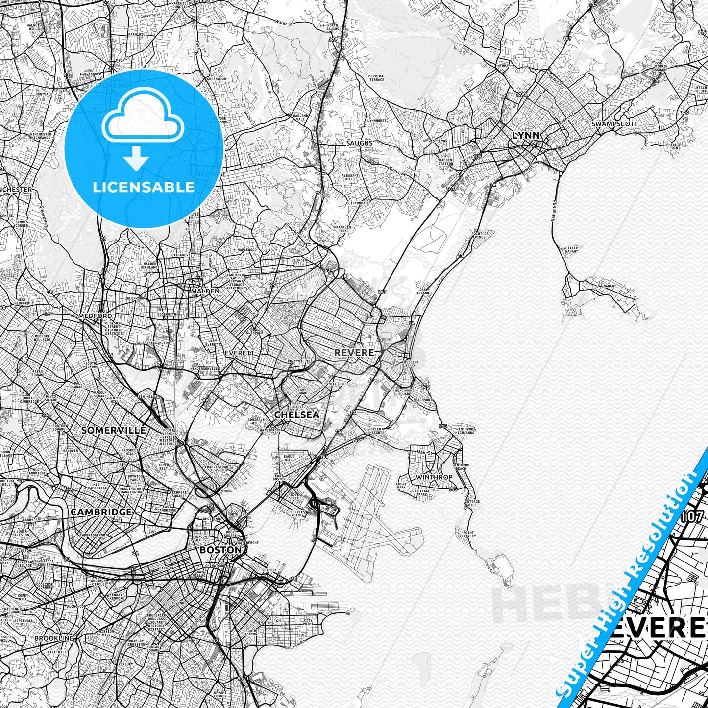 Revere, Massachusetts light map with streetnames, citynames and districts