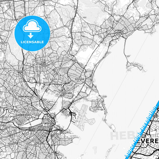 Revere, Massachusetts light map with streetnames, citynames and districts