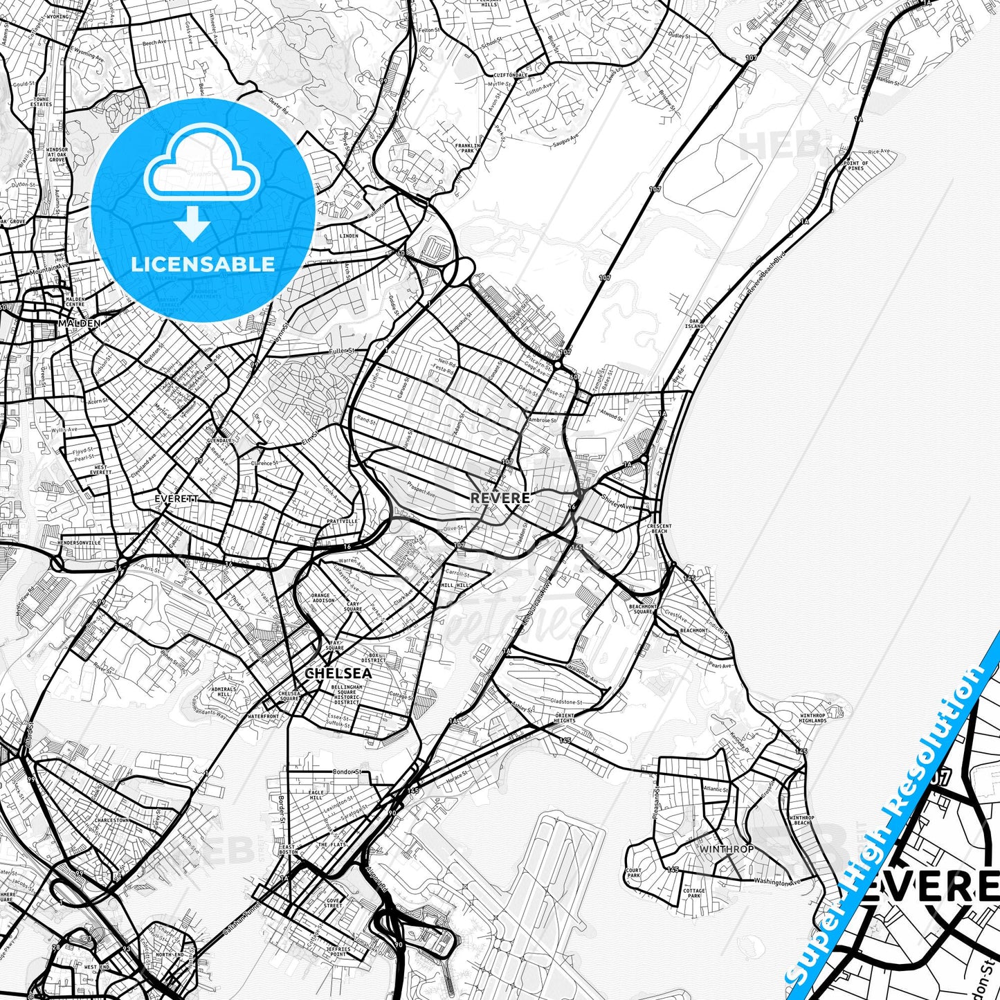 Revere, Massachusetts Light Map with Street Names, City Names, and Districts