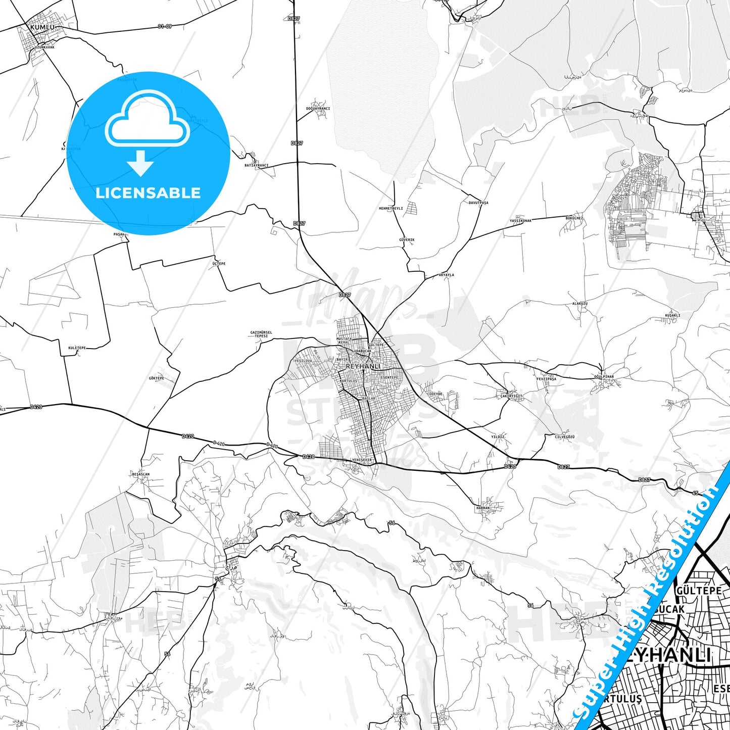 Reyhanlı, Turkey light map with streetnames, citynames and districts
