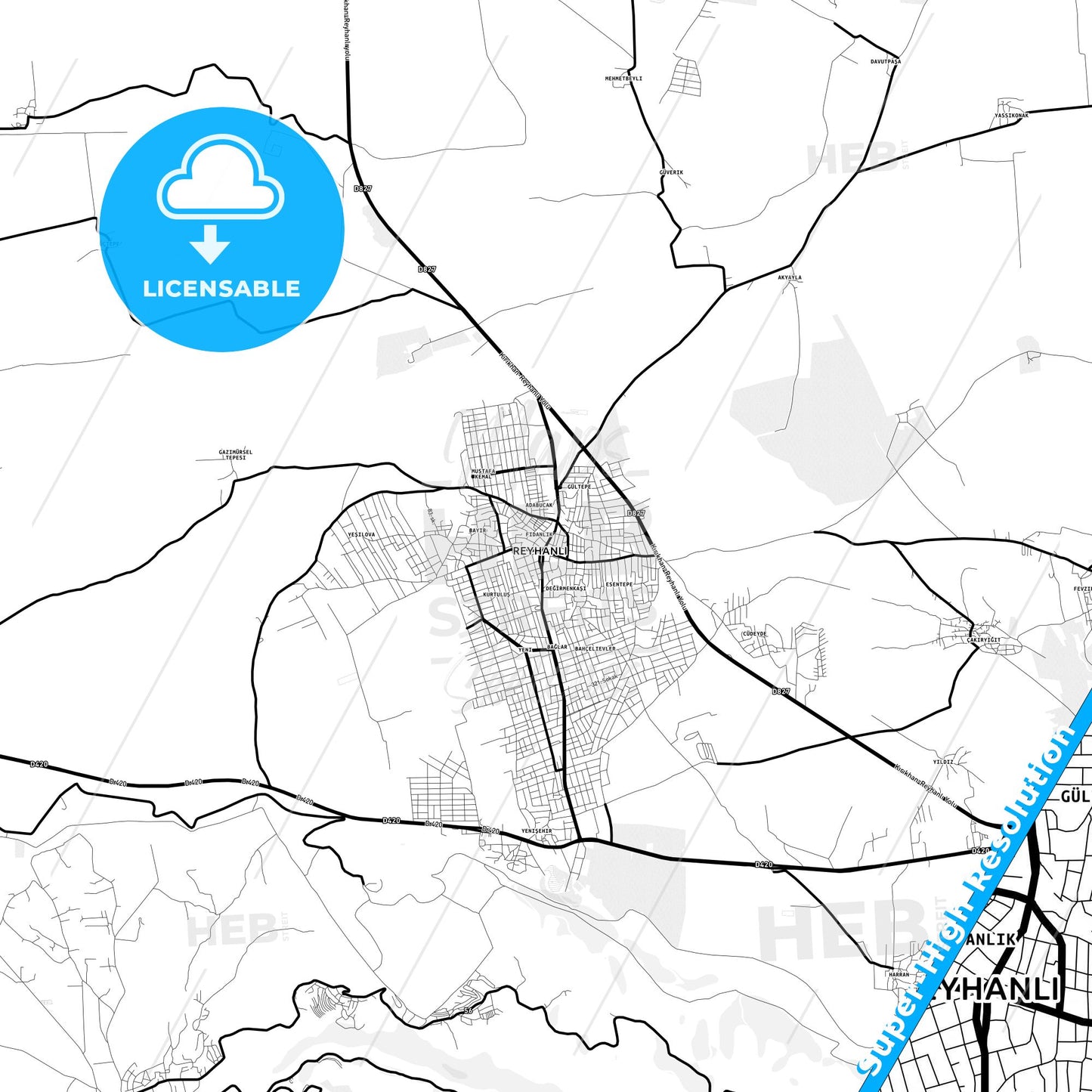 Reyhanlı, Turkey Light Map with Street Names, City Names, and Districts