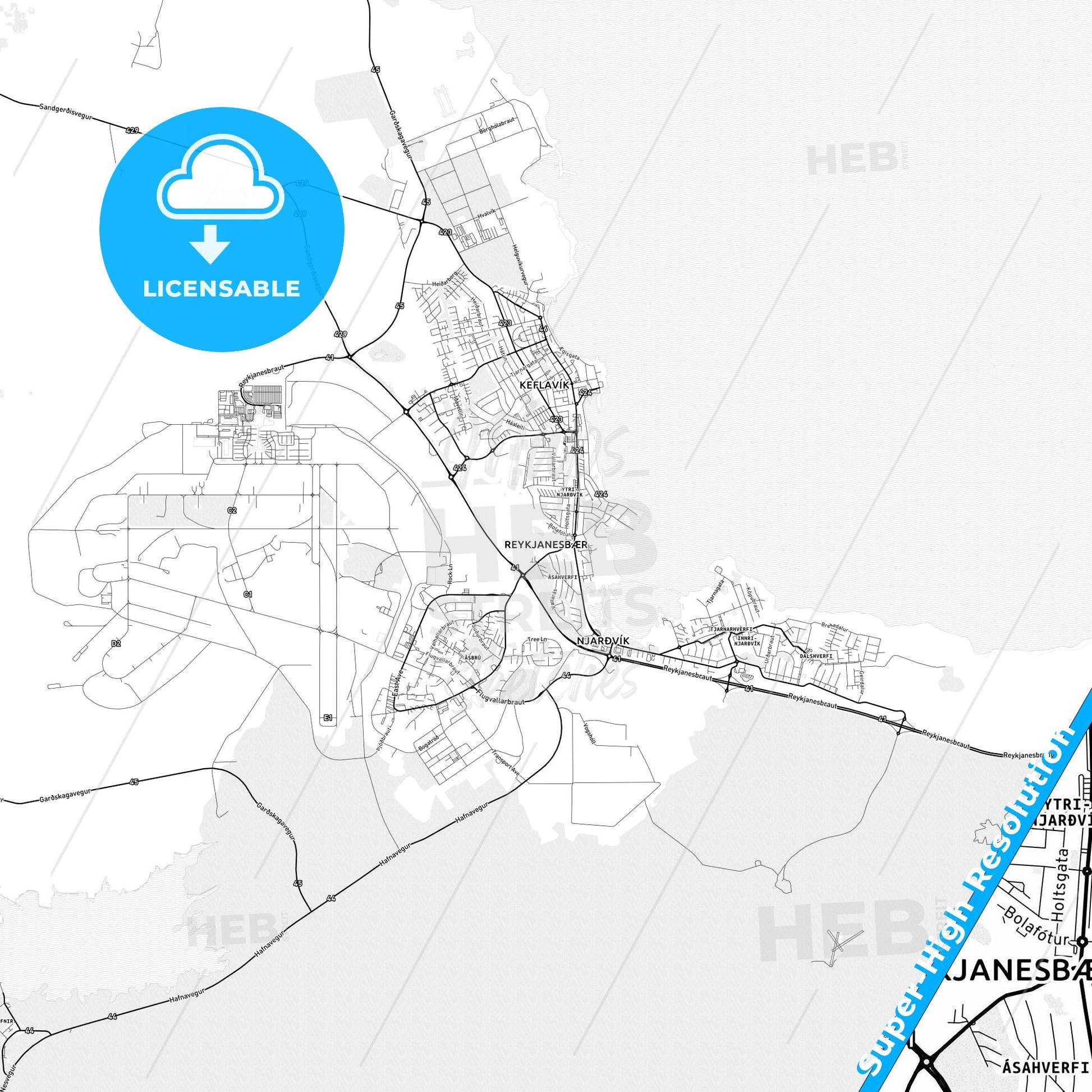 Reykjanesbær, Iceland light map with streetnames, citynames and districts
