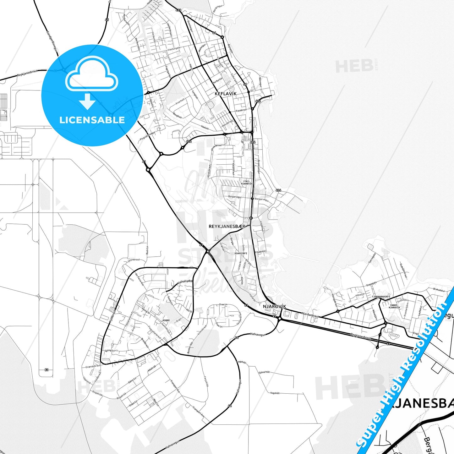 Reykjanesbær, Iceland Light Map with Street Names, City Names, and Districts