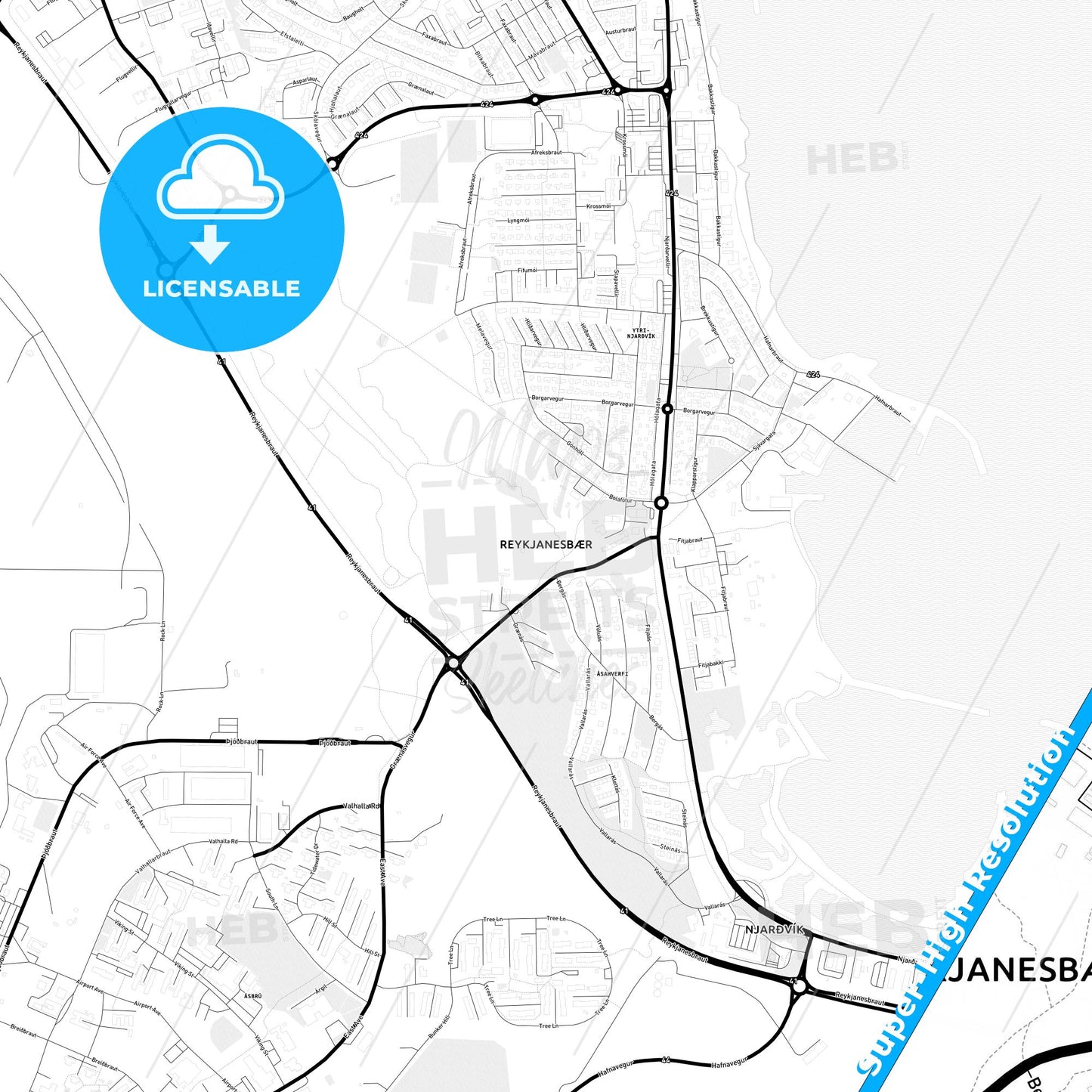 Reykjanesbær, Iceland Light Map with Street Names, City Names, and Districts