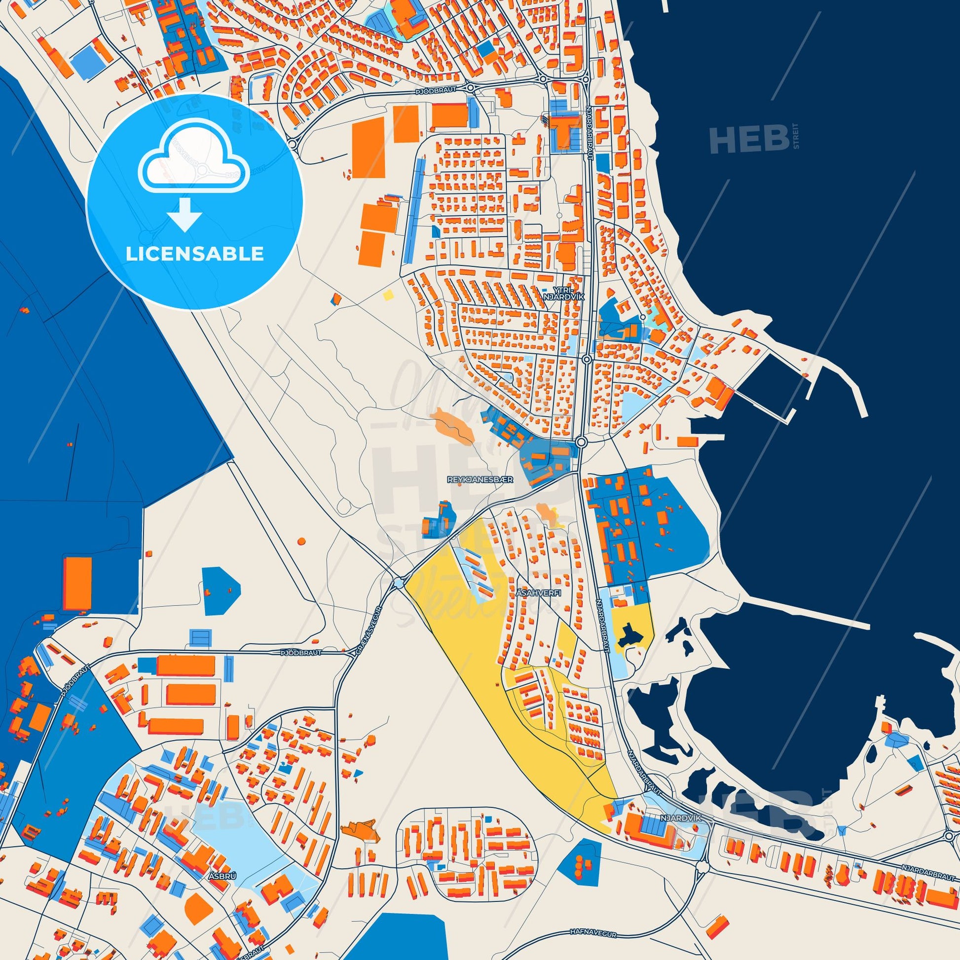 Colorful Reykjanesbær Street Map with Labels and Buildings