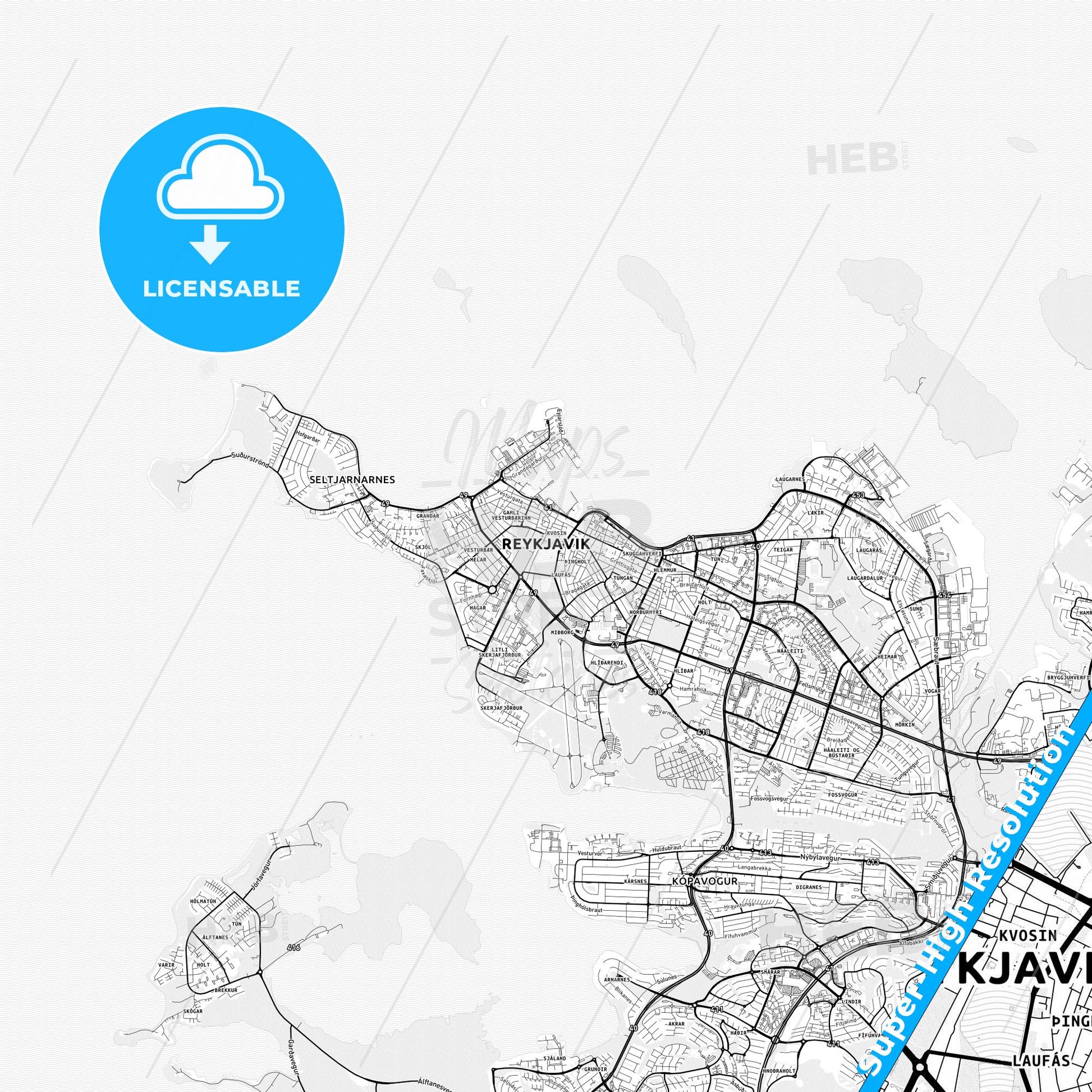 Reykjavík, Iceland light map with streetnames, citynames and districts