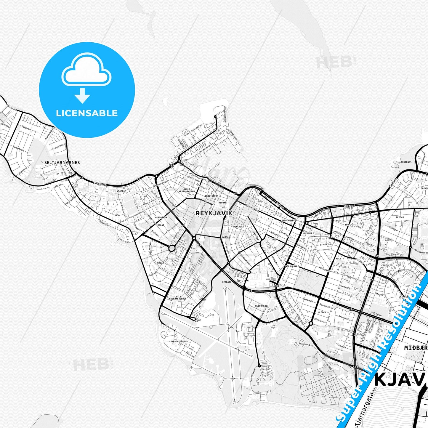 Reykjavík, Iceland Light Map with Street Names, City Names, and Districts