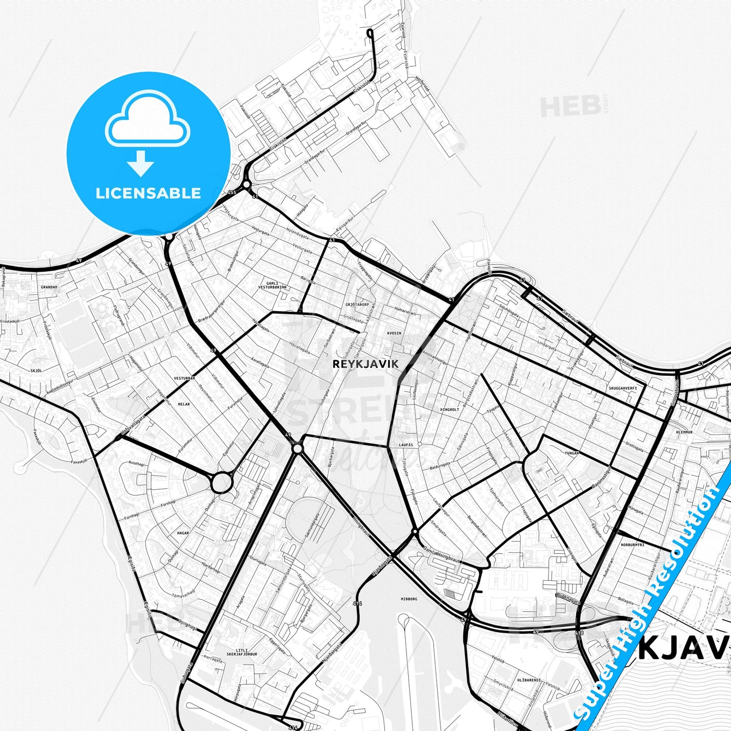 Reykjavík, Iceland Light Map with Street Names, City Names, and Districts