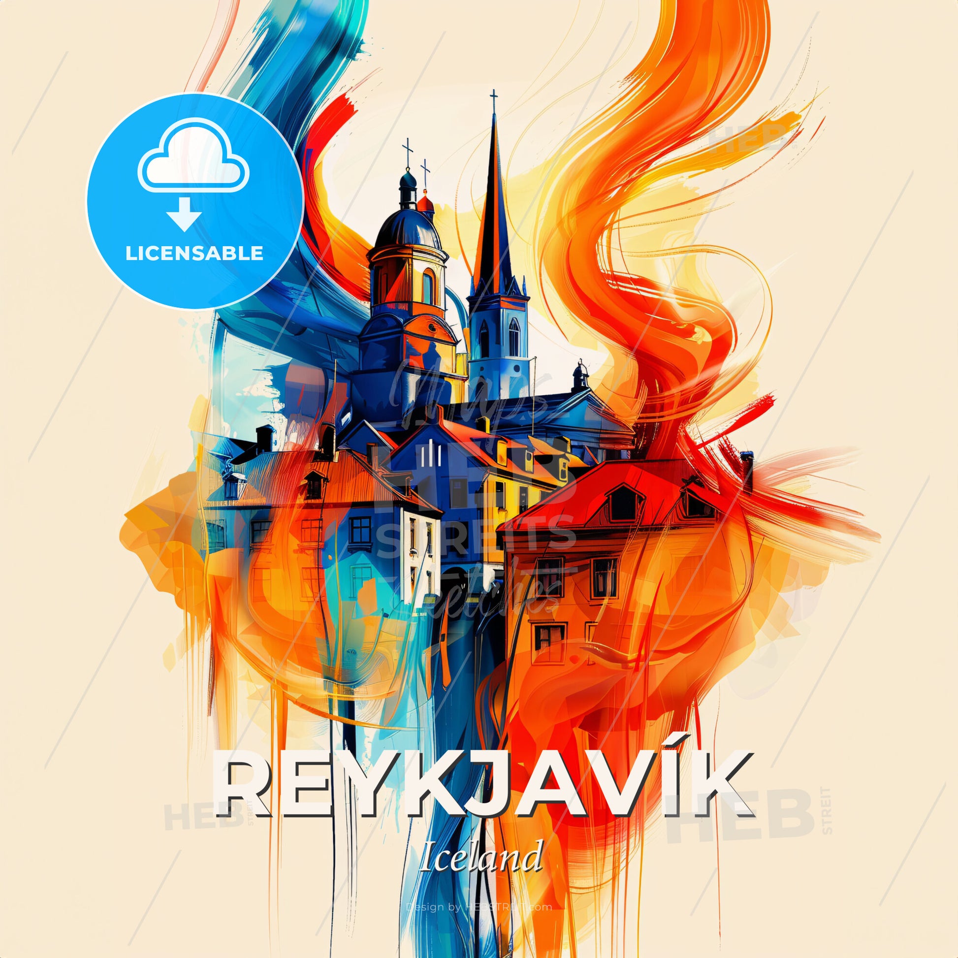 Vibrant Reykjavík, Iceland - A Painting Of Buildings And A Fire - Square format print template