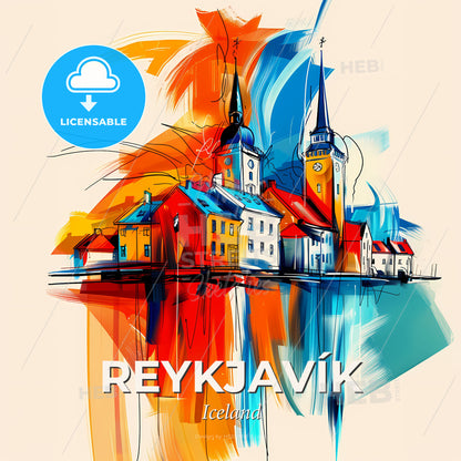 Vibrant Reykjavík, Iceland - A Painting Of A Town - Square format print template