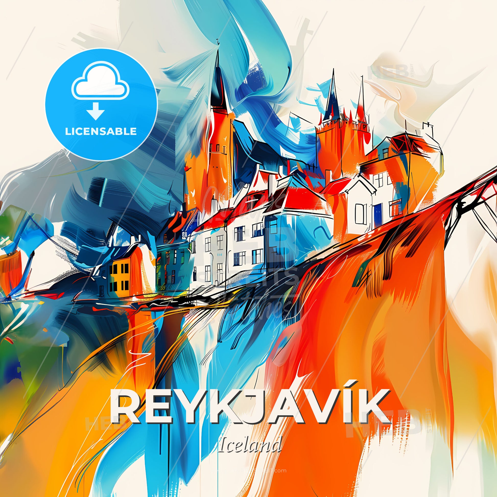Vibrant Reykjavík, Iceland - A Painting Of A Town - Square format print template