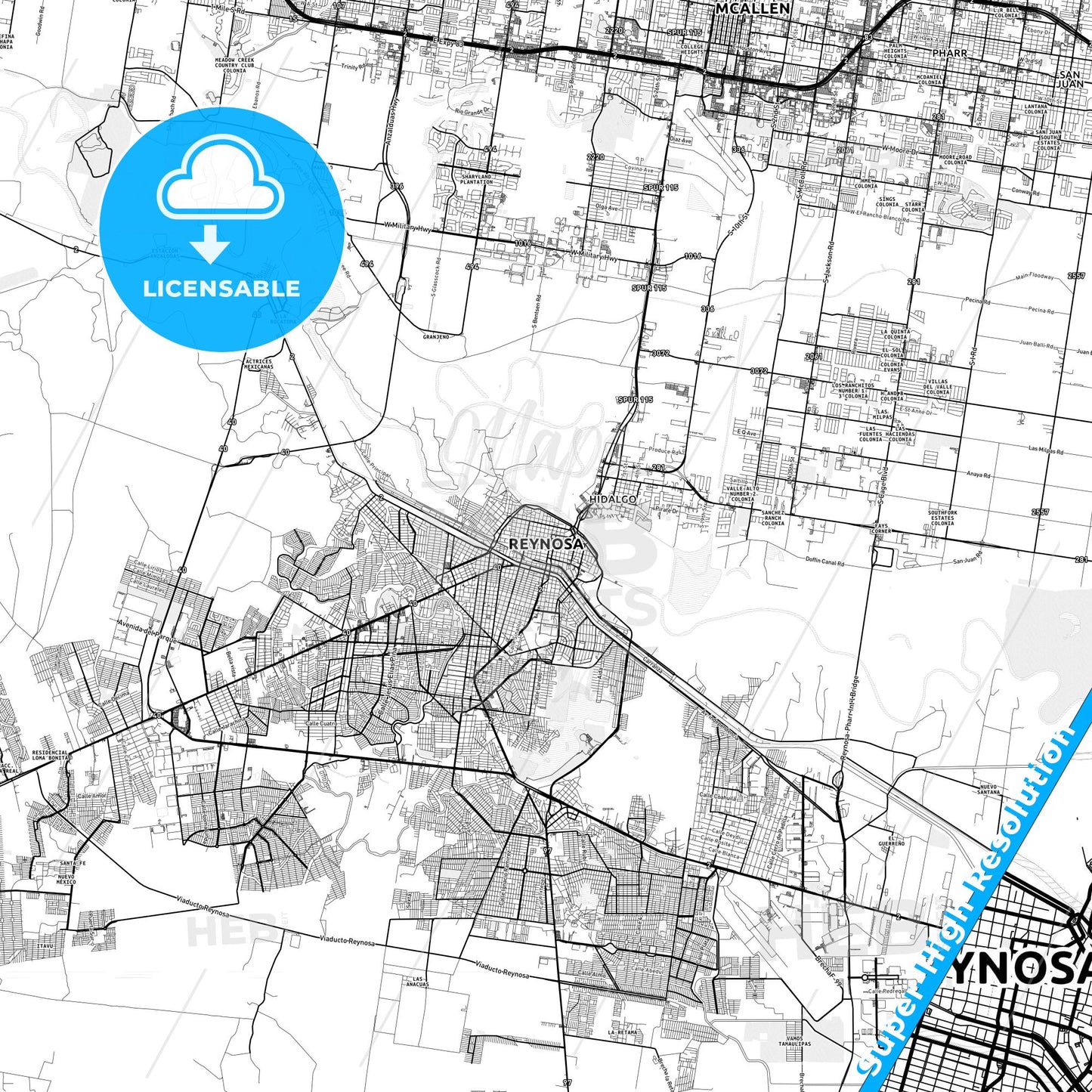 Reynosa, Mexico light map with streetnames, citynames and districts