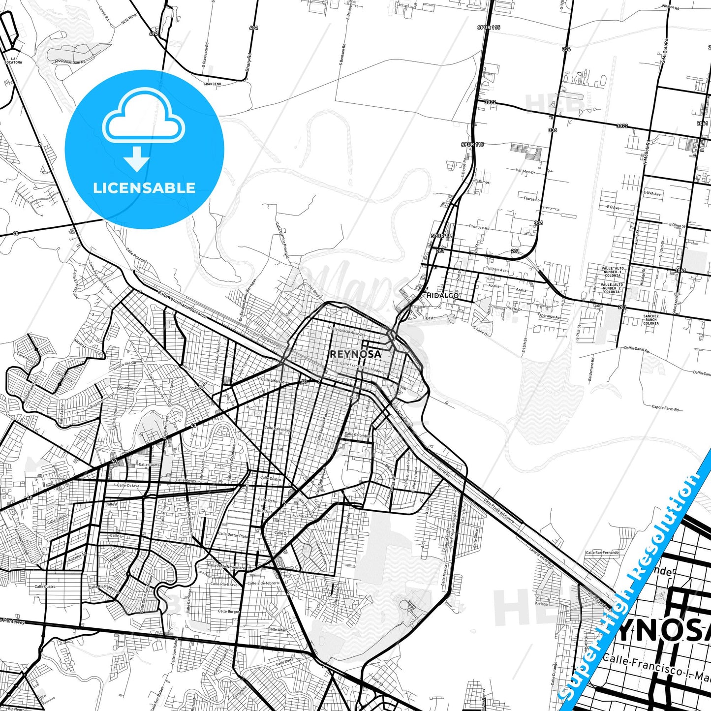 Reynosa, Mexico Light Map with Street Names, City Names, and Districts