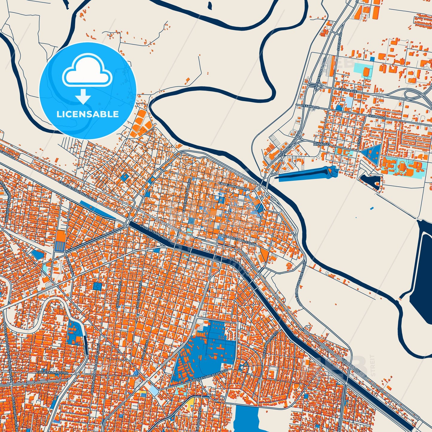 Colorful Reynosa Street Map with Labels and Buildings