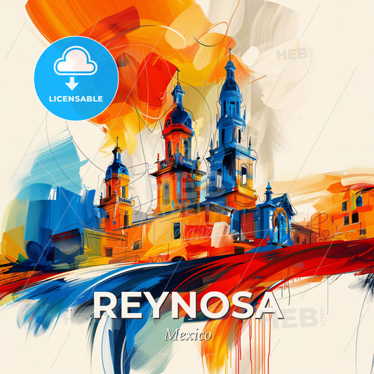Vibrant Reynosa, Mexico - A Painting Of A Building With Towers And A Colorful Background - Square format print template