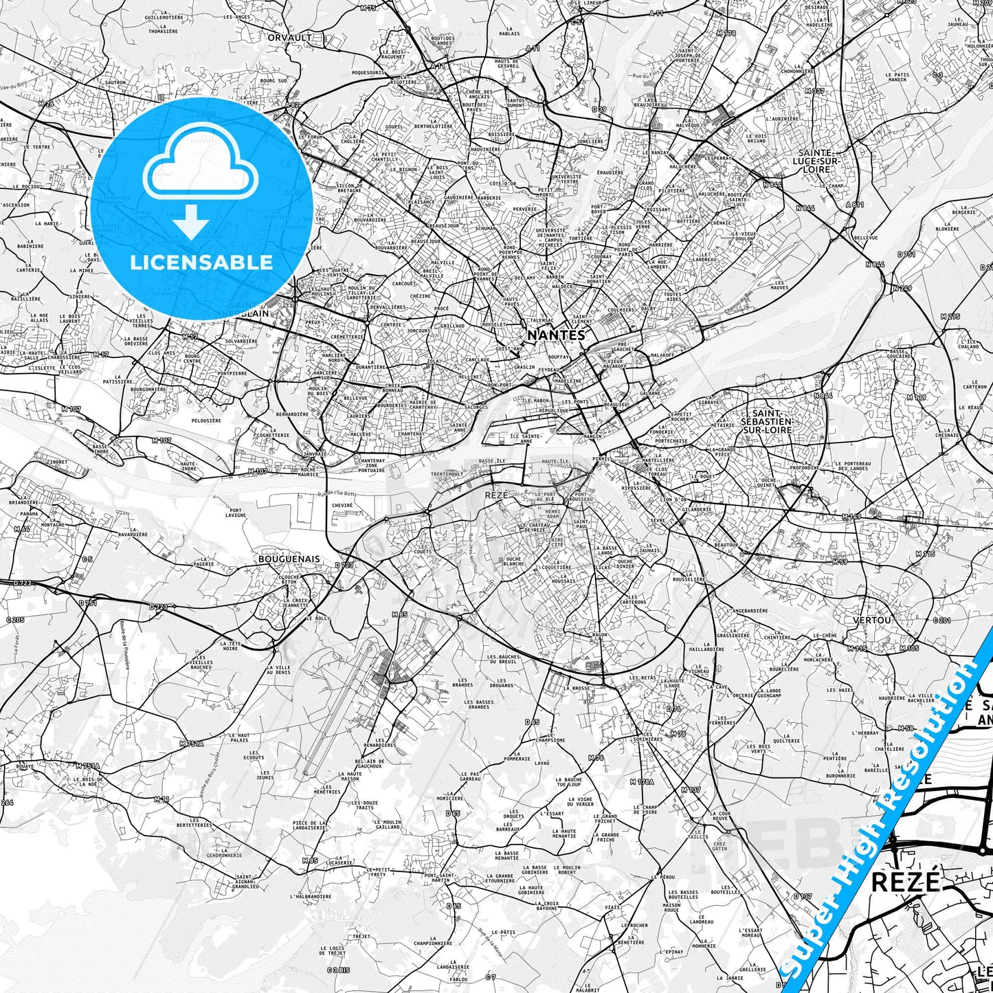 Rezé, France light map with streetnames, citynames and districts