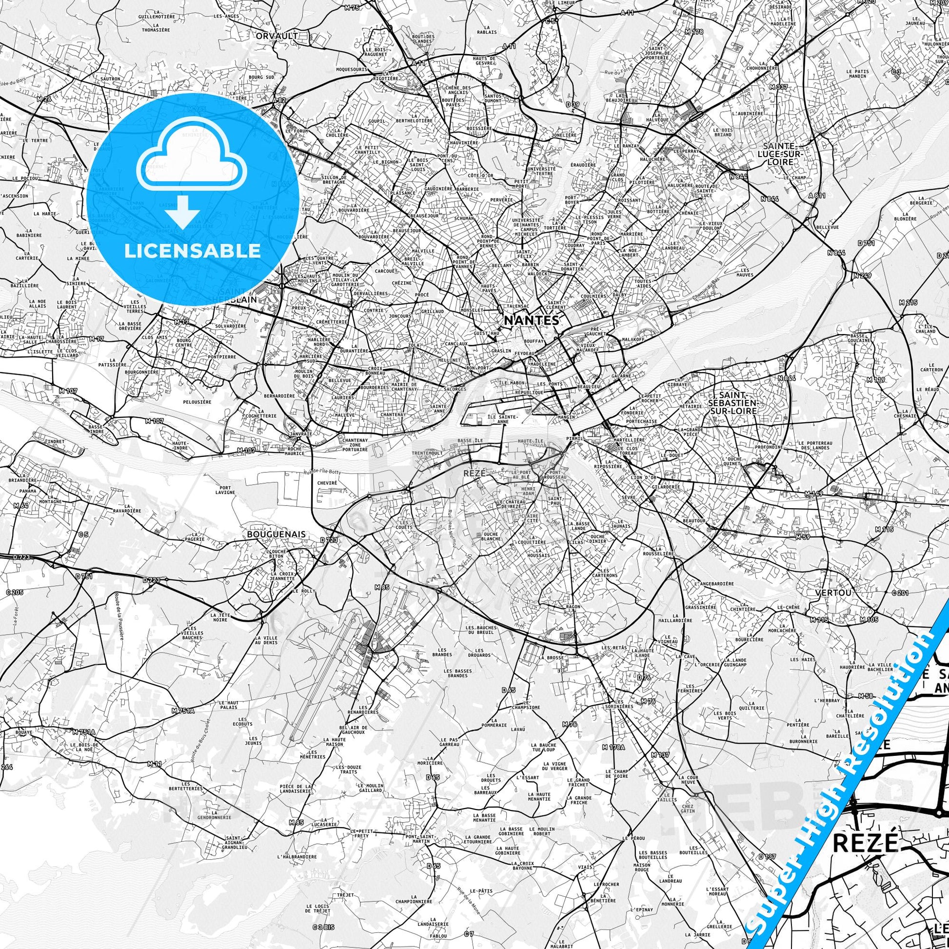 Rezé, France light map with streetnames, citynames and districts