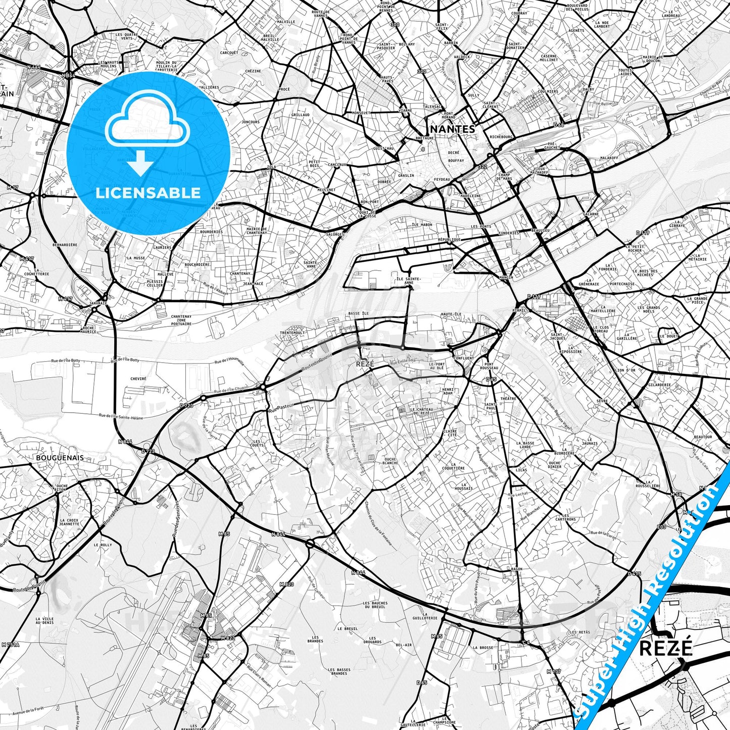 Rezé, France Light Map with Street Names, City Names, and Districts
