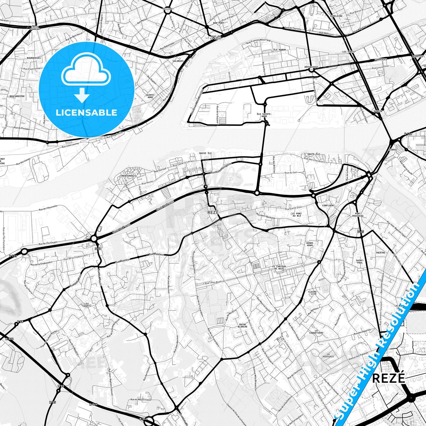 Rezé, France Light Map with Street Names, City Names, and Districts