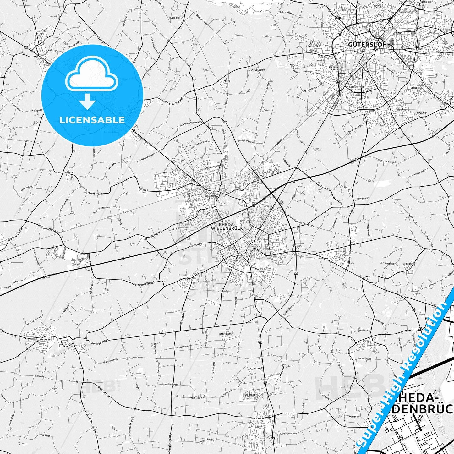 Rheda-Wiedenbruck, Germany light map with streetnames, citynames and districts