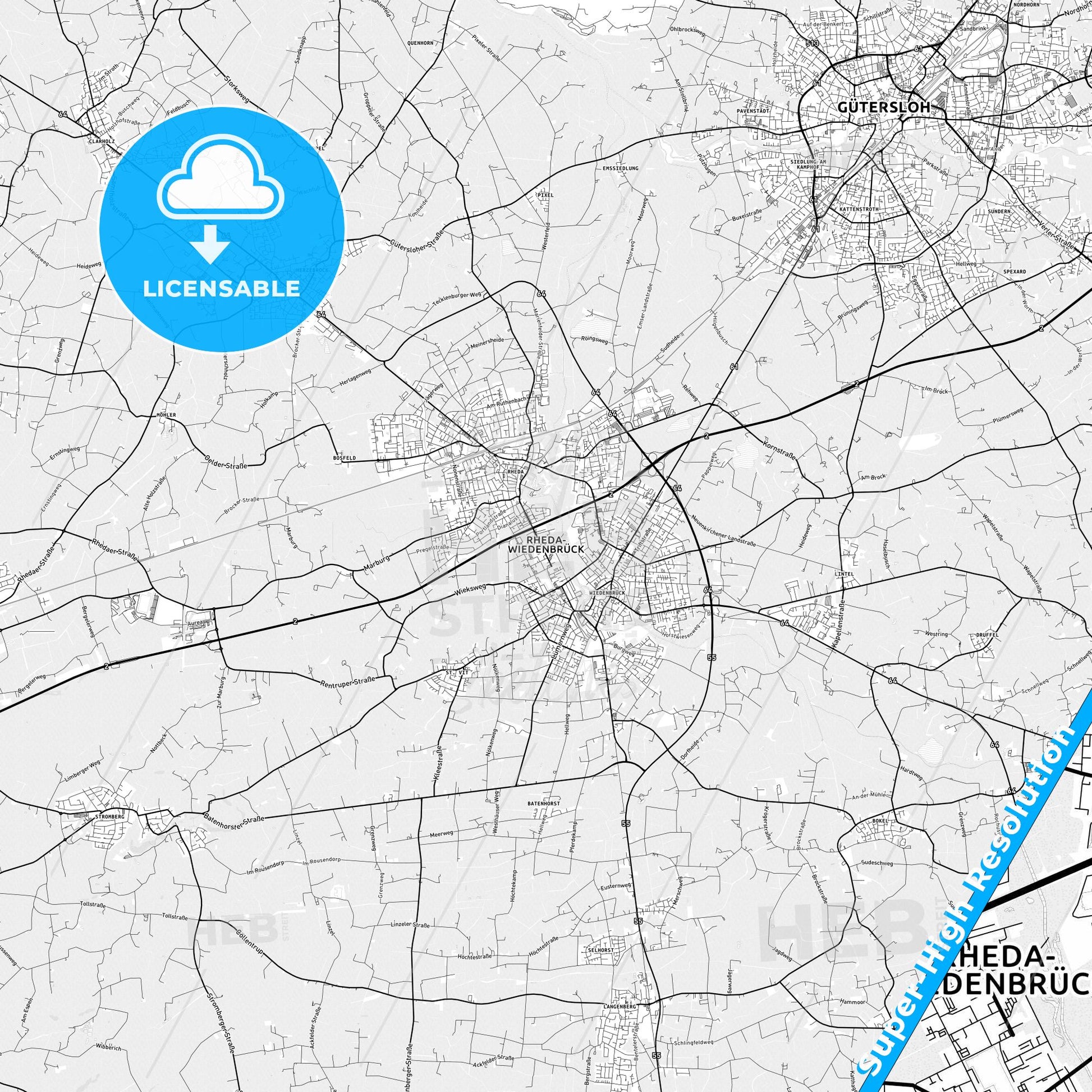 Rheda-Wiedenbruck, Germany light map with streetnames, citynames and districts
