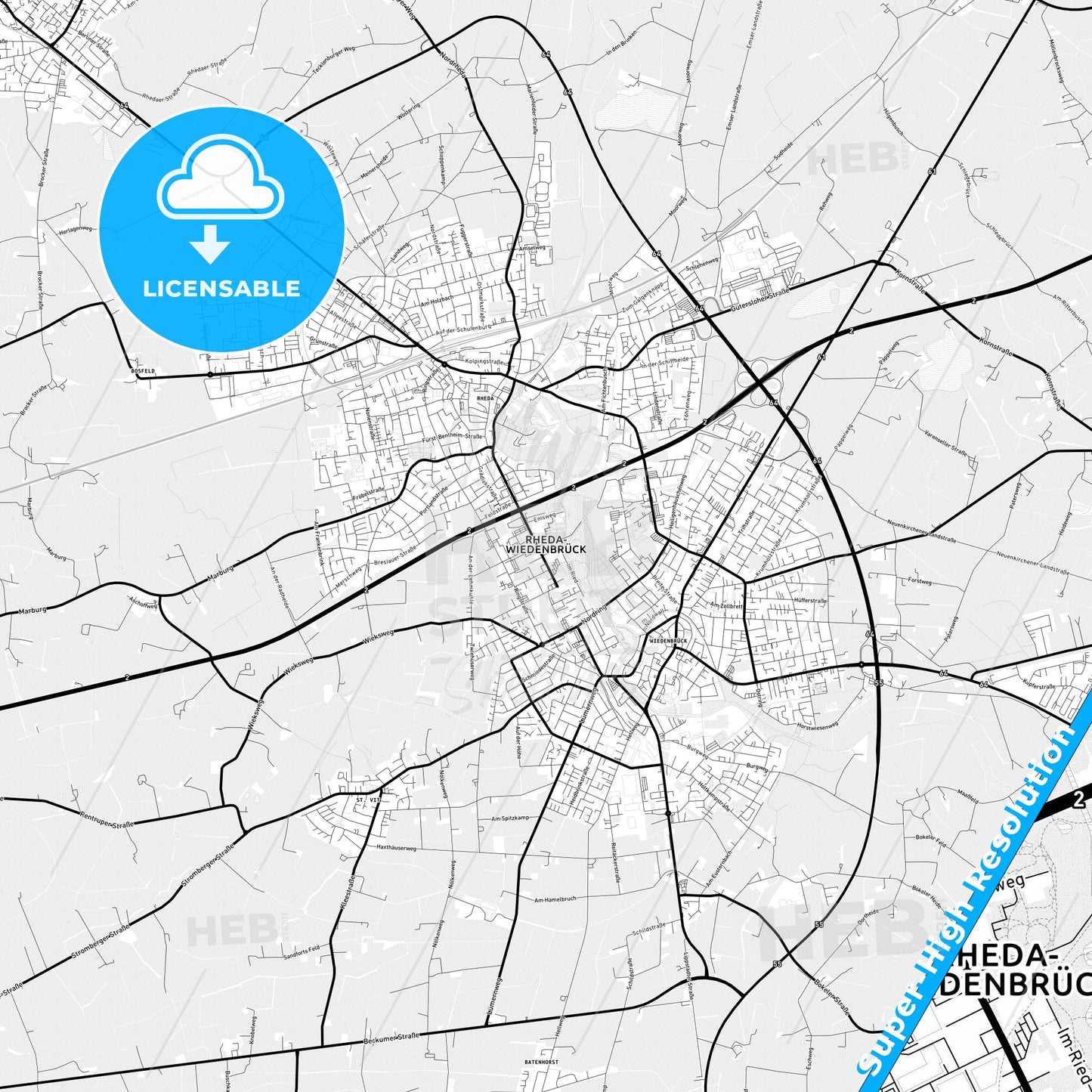 Rheda-Wiedenbruck, Germany Light Map with Street Names, City Names, and Districts