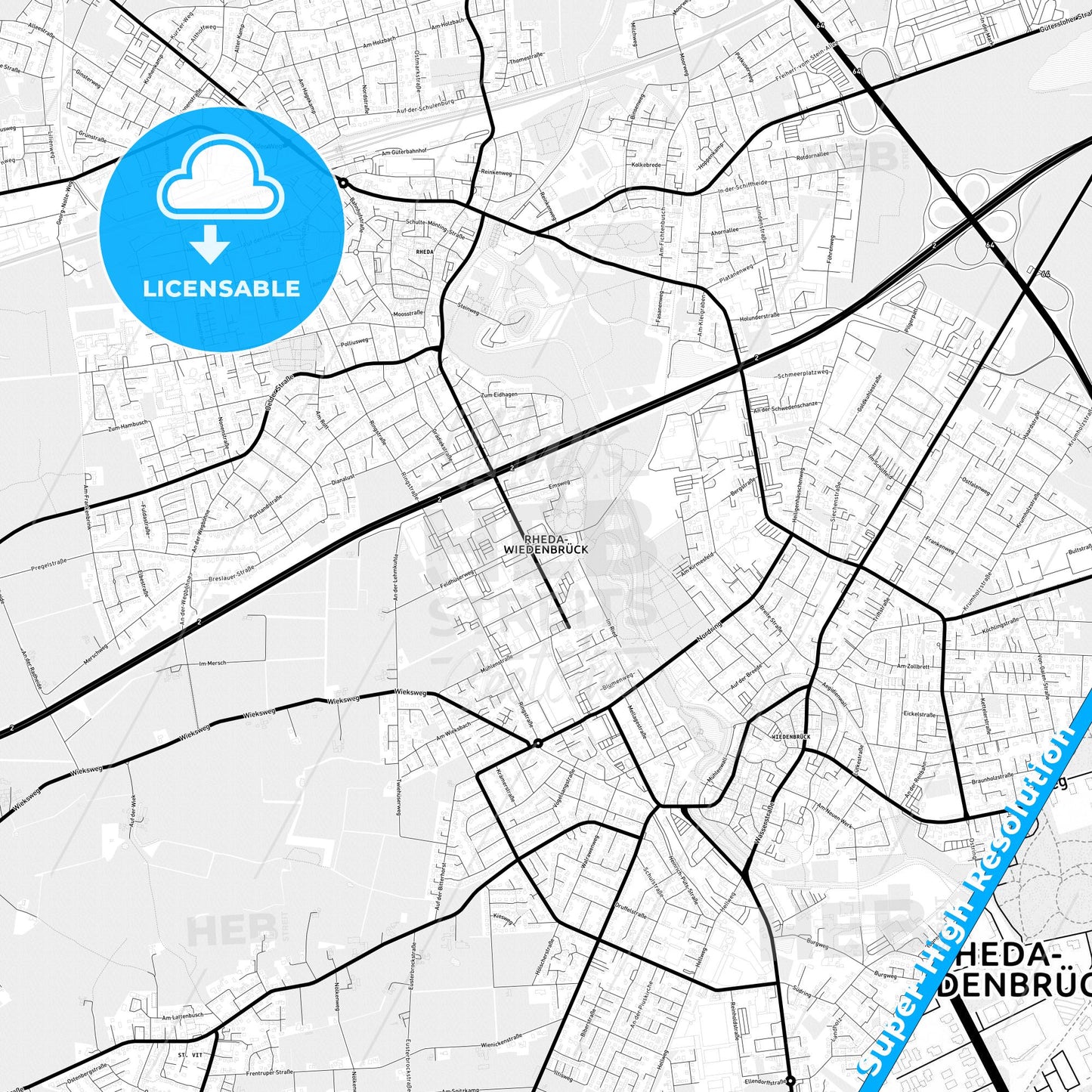 Rheda-Wiedenbruck, Germany Light Map with Street Names, City Names, and Districts