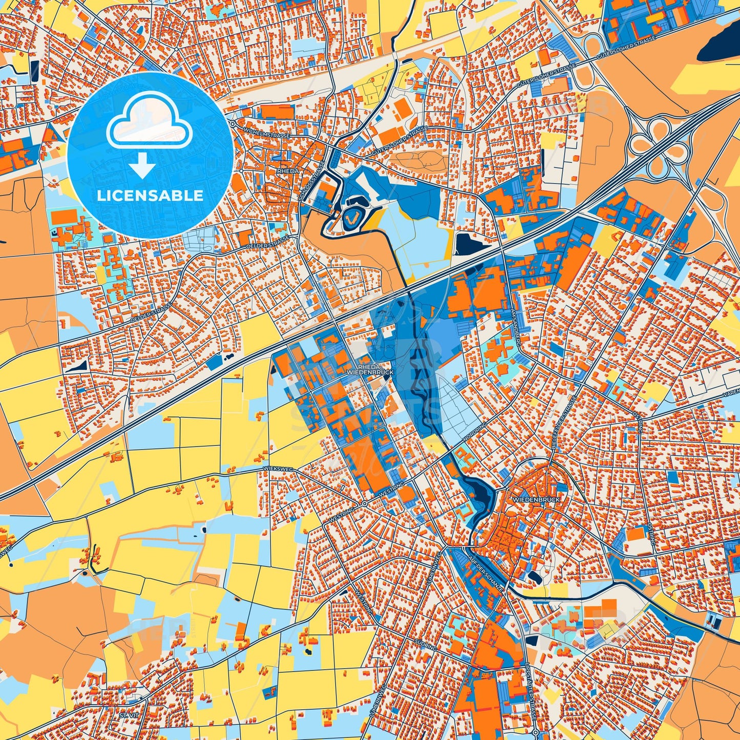 Colorful Rheda-Wiedenbruck Street Map with Labels and Buildings