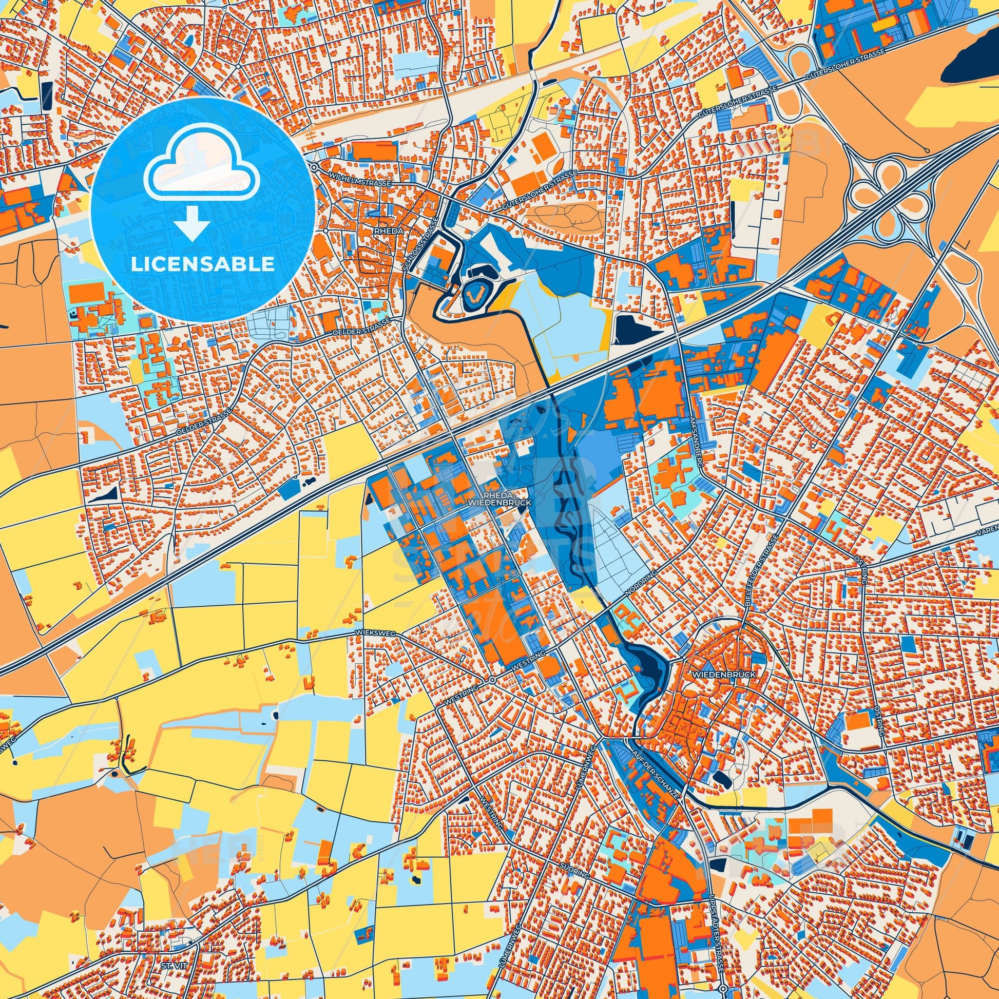 Colorful Rheda-Wiedenbruck Street Map with Labels and Buildings