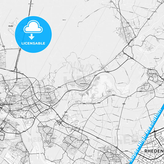 Rheden, Netherlands light map with streetnames, citynames and districts