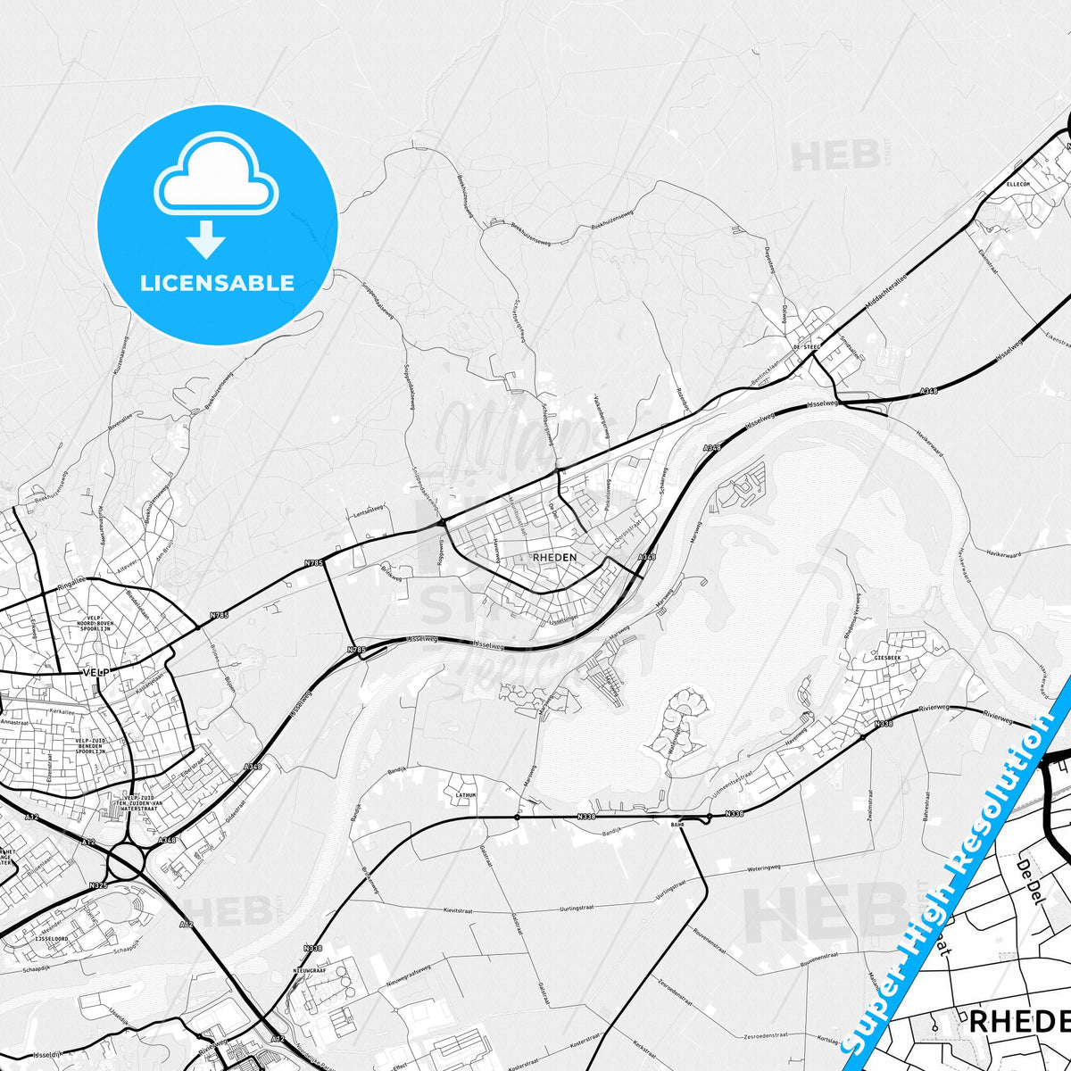 Rheden, Netherlands Light Map with Street Names, City Names, and Districts