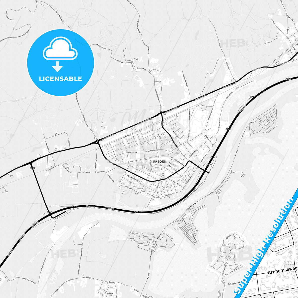 Rheden, Netherlands Light Map with Street Names, City Names, and Districts