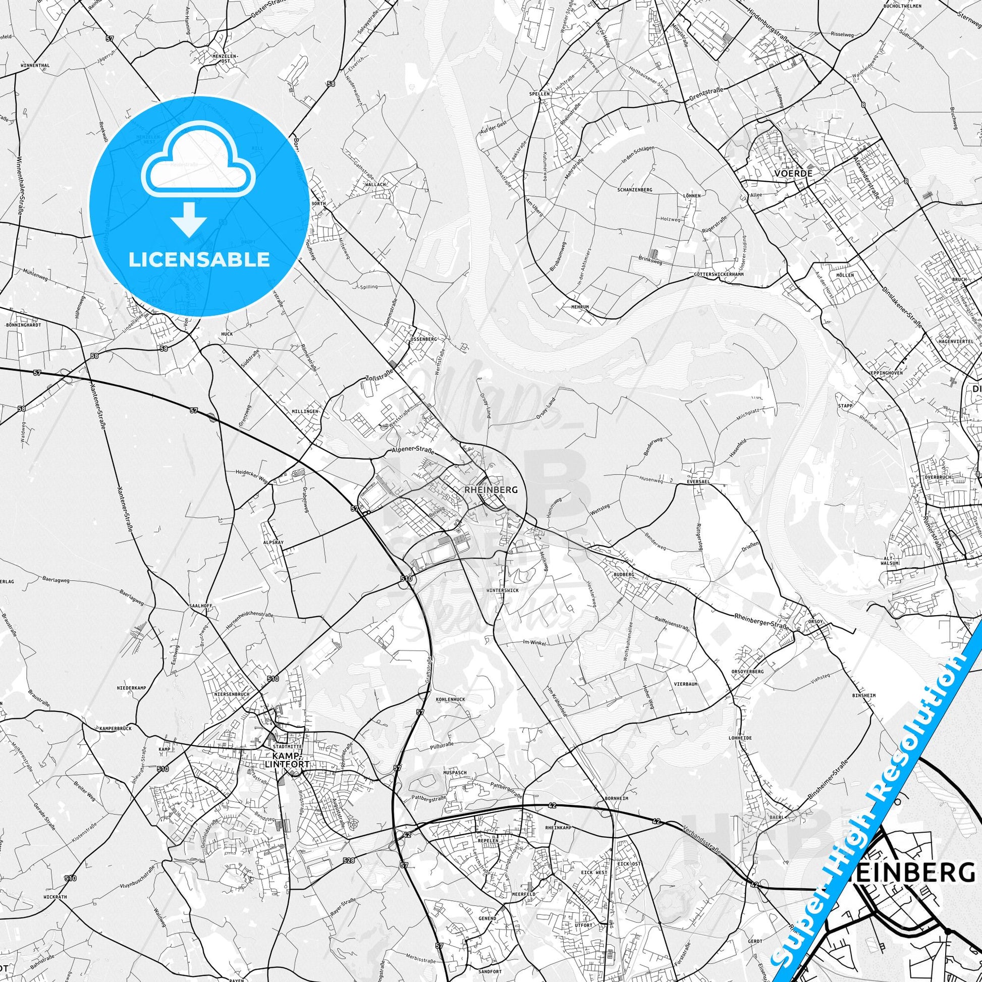 Rheinberg, Germany light map with streetnames, citynames and districts