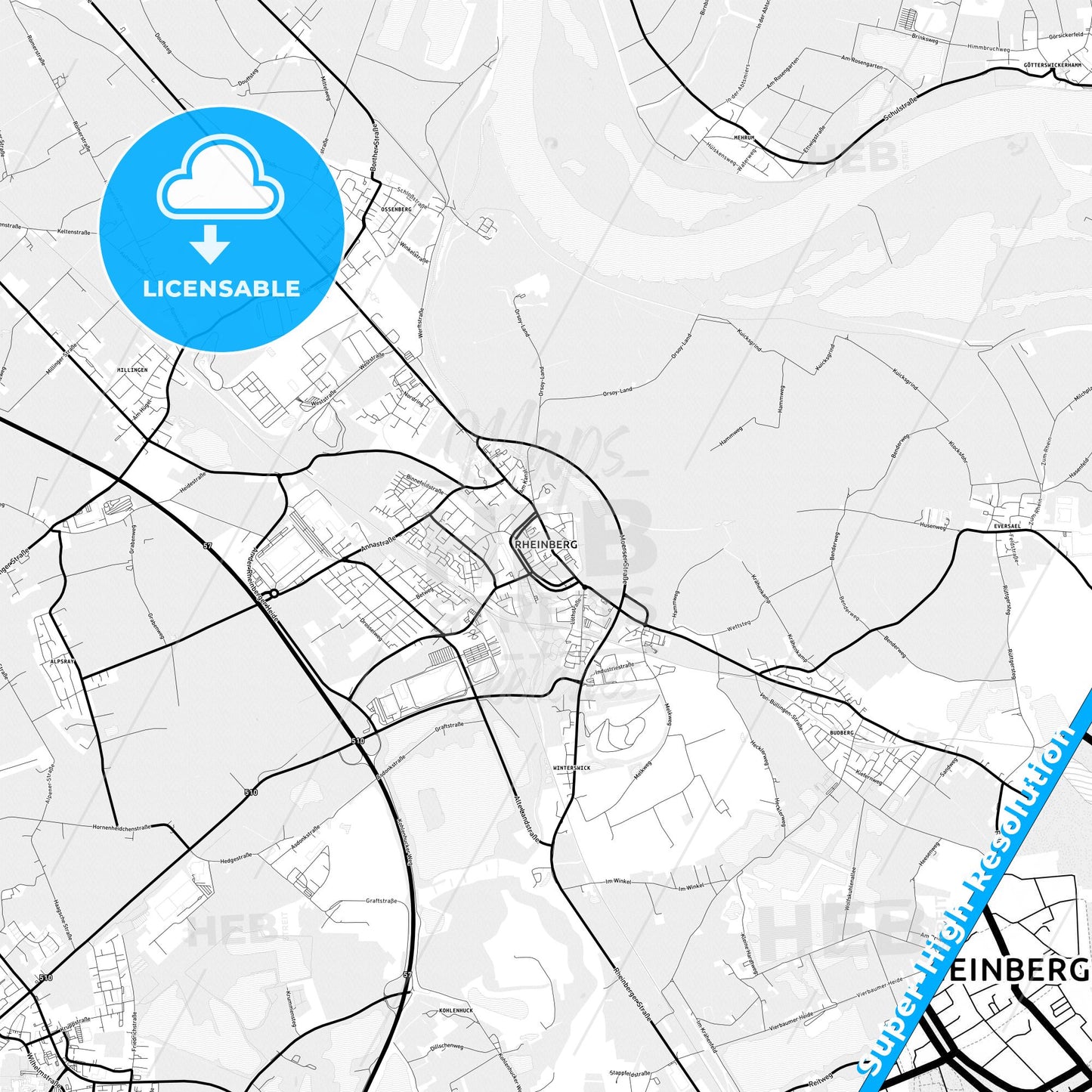 Rheinberg, Germany Light Map with Street Names, City Names, and Districts