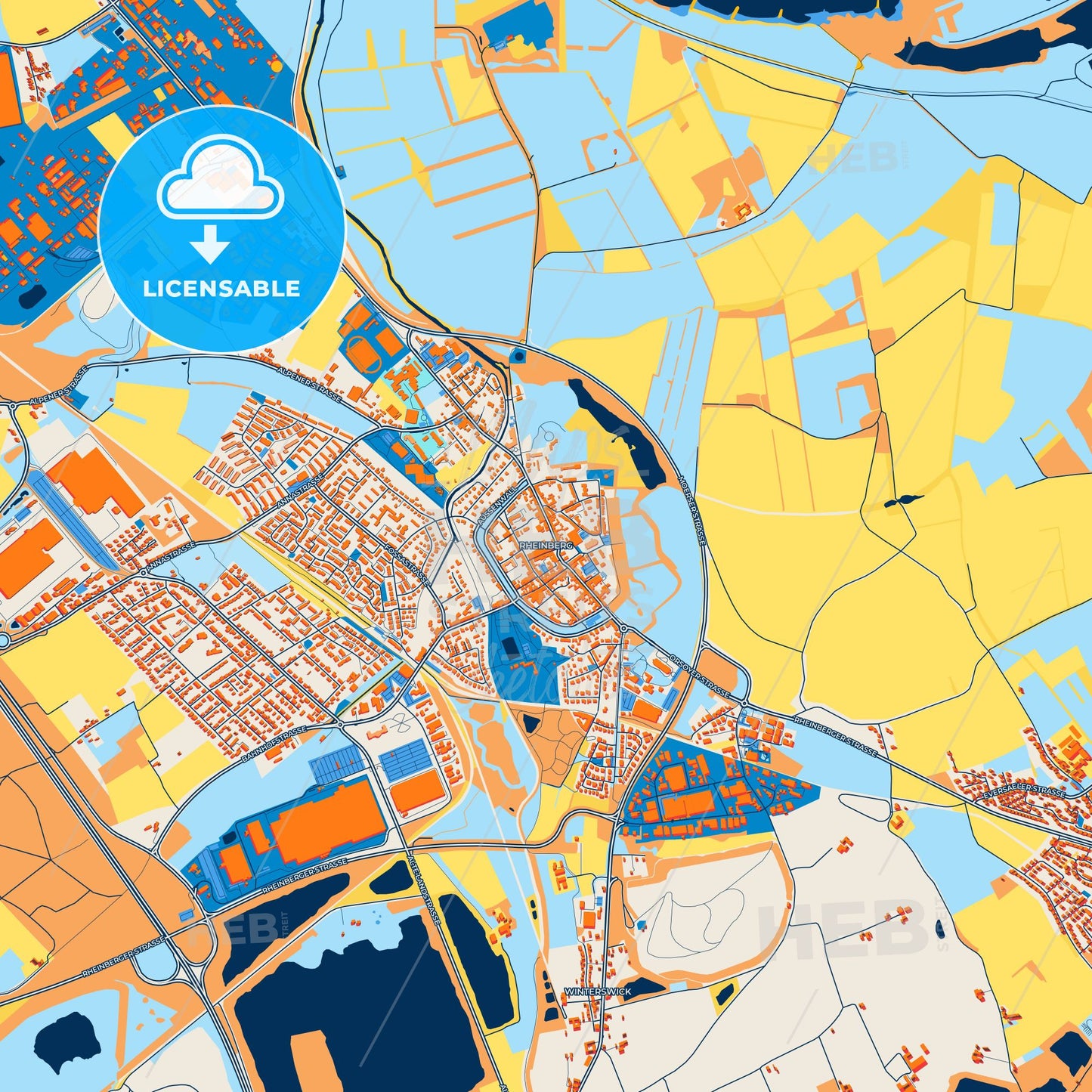 Colorful Rheinberg Street Map with Labels and Buildings