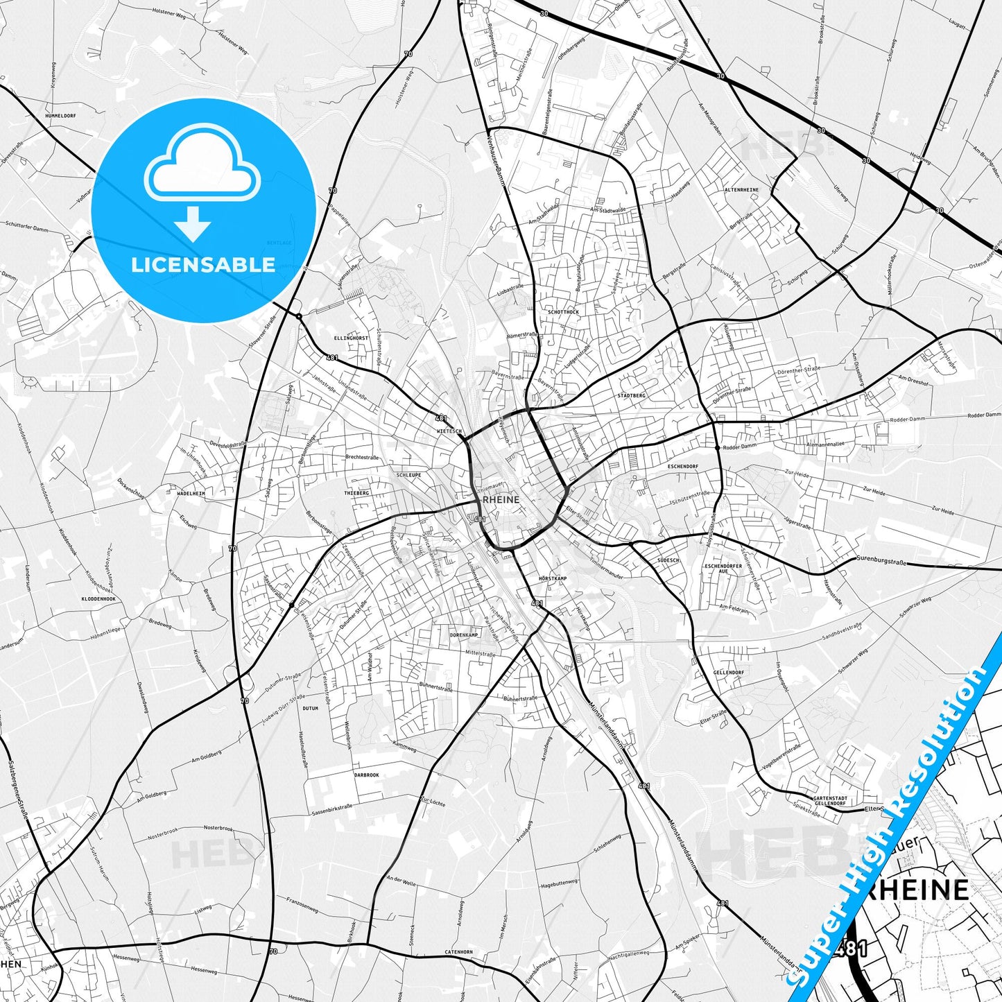 Rheine, Germany Light Map with Street Names, City Names, and Districts